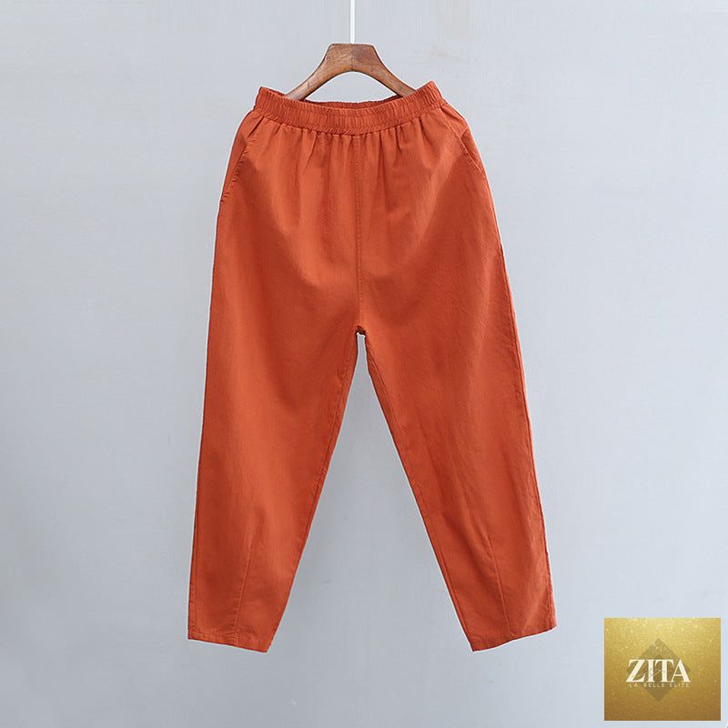 Light beige cotton linen casual pants for women, slim fit and cropped, perfect for spring and summer, featuring a relaxed, baggy style.