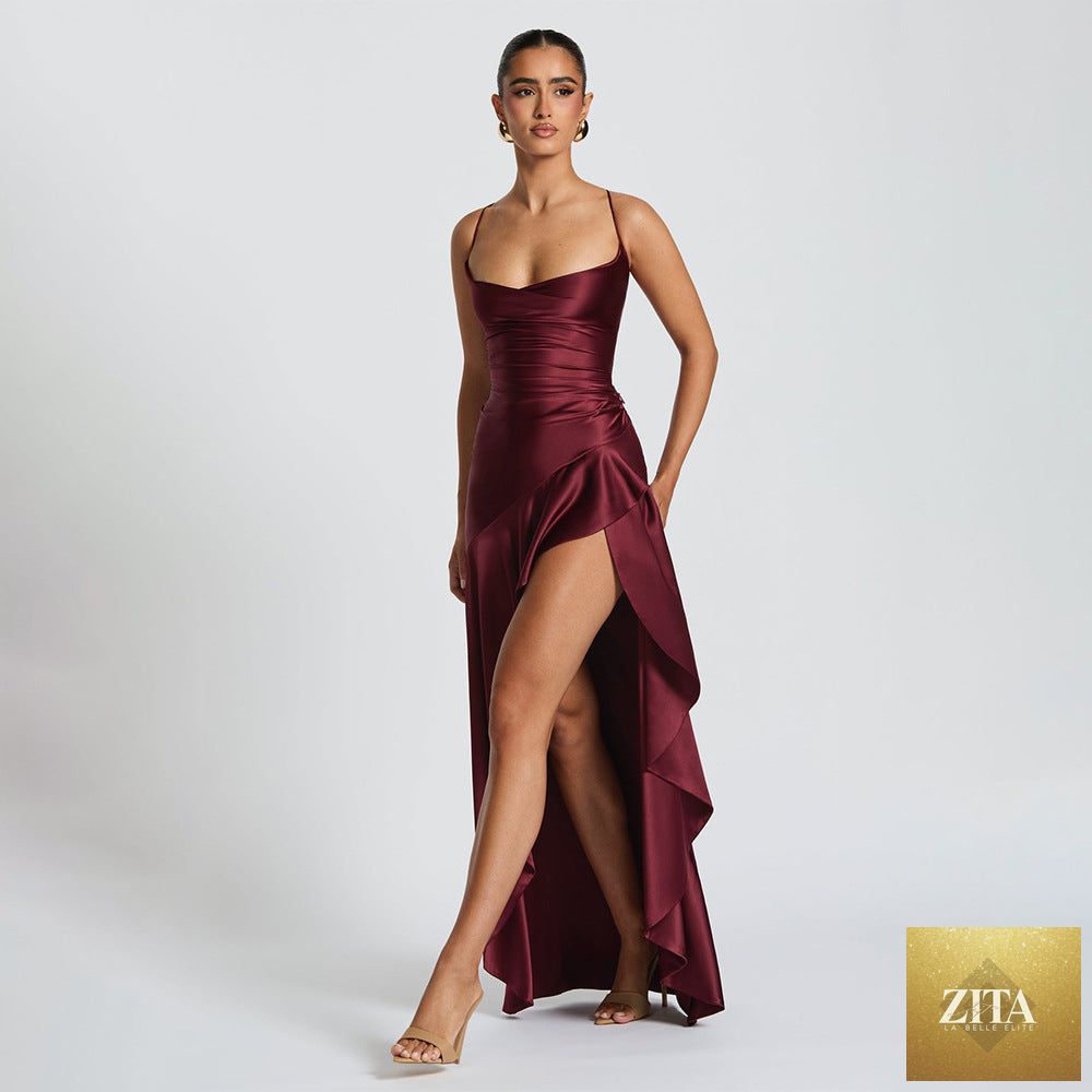 Elegant satin long women's evening dress with suspender straps, ruffle details, high slit, suitable for club and formal occasions.