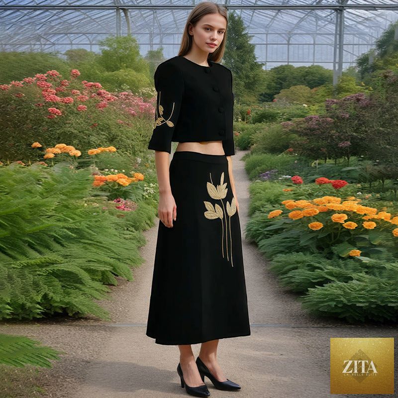 Zita La Belle Elite spring floral embroidery top and high waist floral skirt two-piece set for women, elegant and stylish.