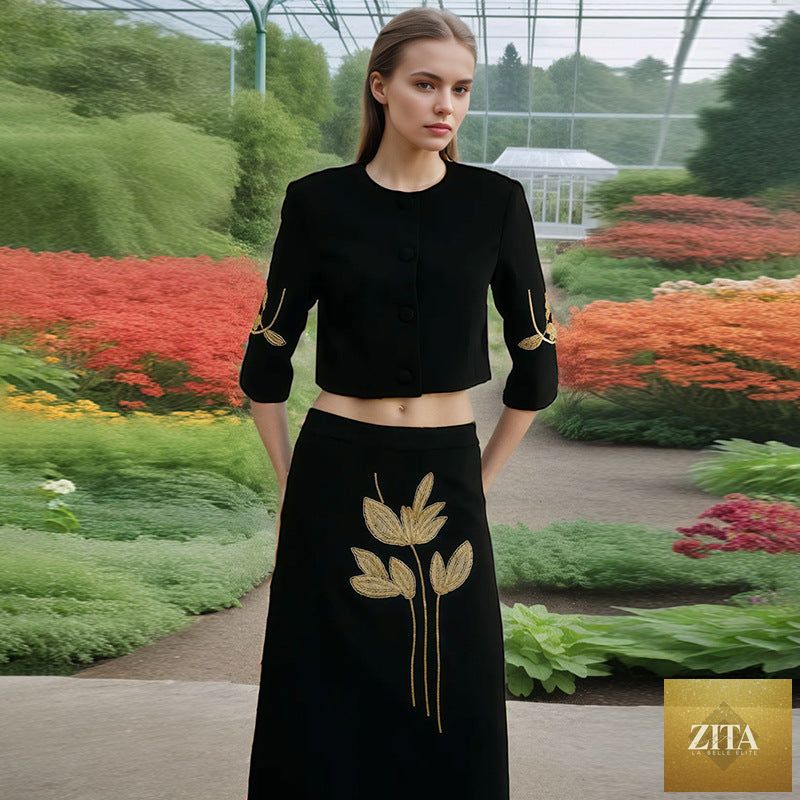 Zita La Belle Elite spring floral two-piece set featuring a high-waist embroidered top and matching floral skirt for women.