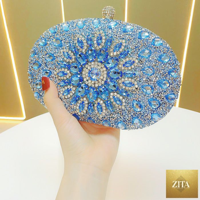 Luxury nude clutch purse for women with glitter and multicolor rhinestones, perfect for evening events and bridal occasions.