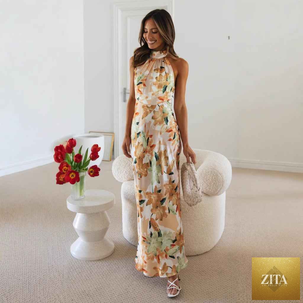 Elegant sleeveless satin summer dress by SHOMICOBOUTIQUE featuring floral print, halter neck, and maxi length for casual or party wear.