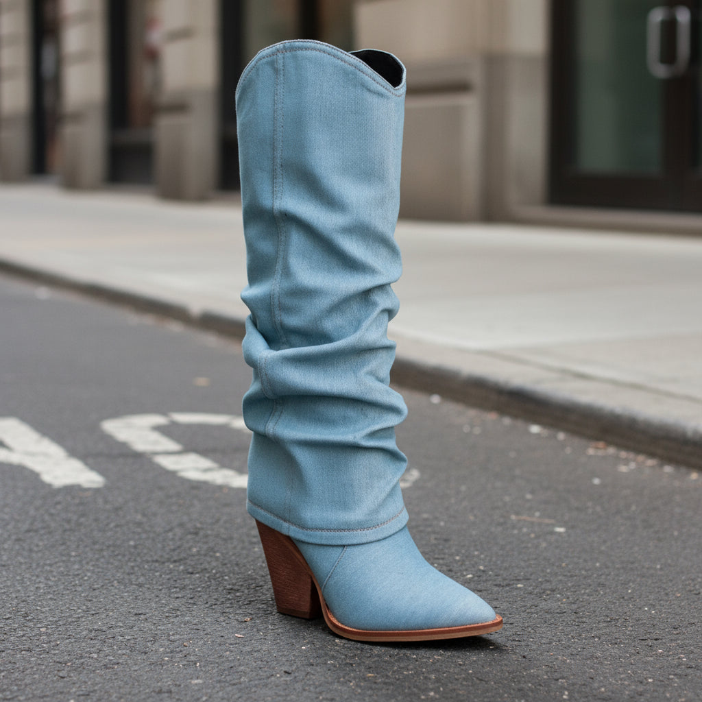 Vintage pointed-toe chunky heel high tube boots by FitiqueFit, stylish footwear with statement heels and sleek design.