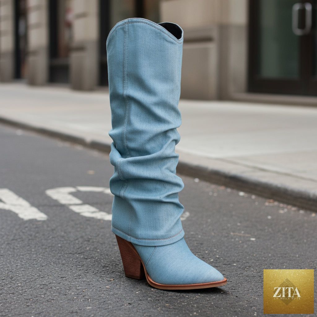 Vintage Zita La Belle Elite pointed-toe chunky heel high tube boots, stylish footwear with statement heels and sleek design.