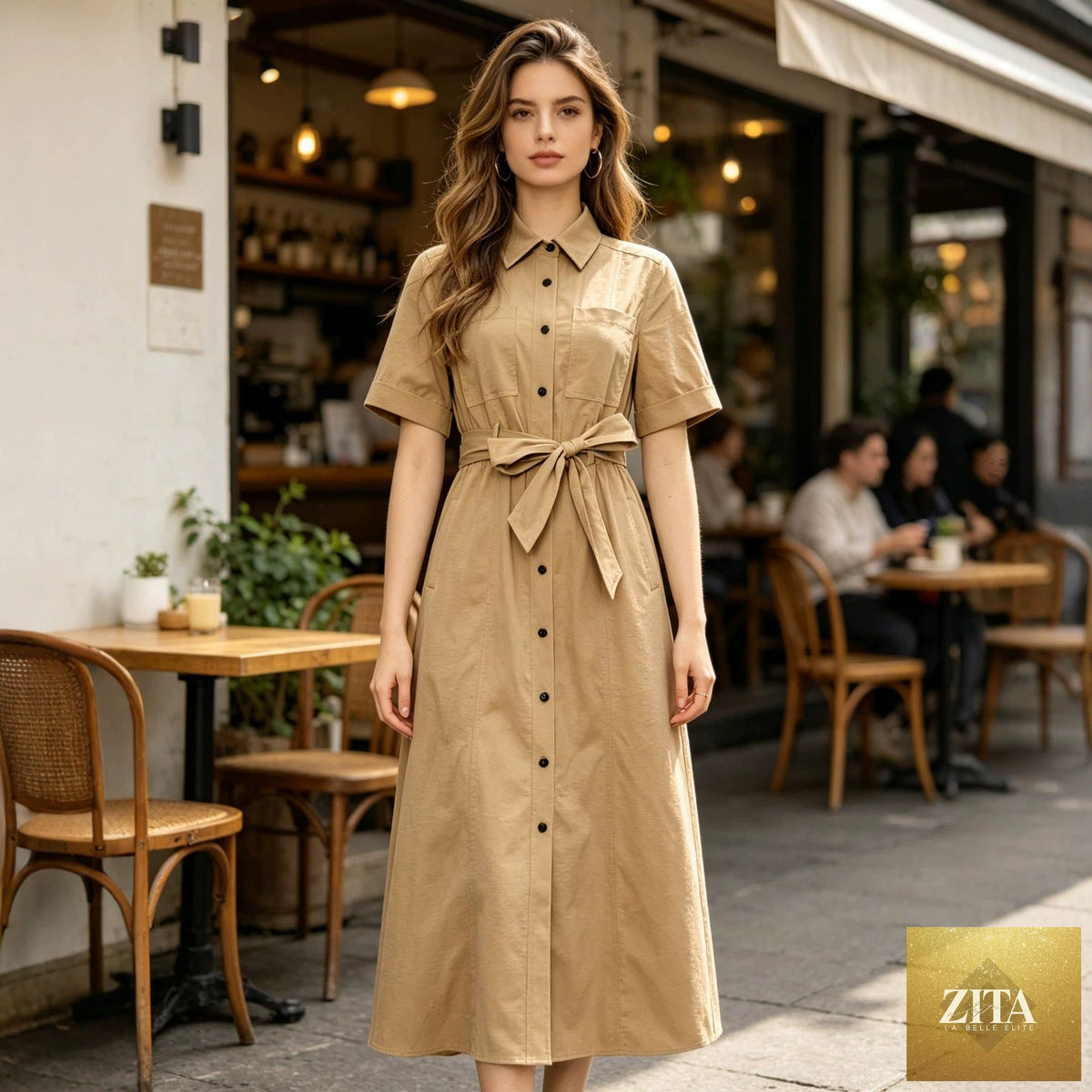 Women’s khaki shirt dress by Ragazza with short sleeves, collared neckline, waistband, and decorative button details.