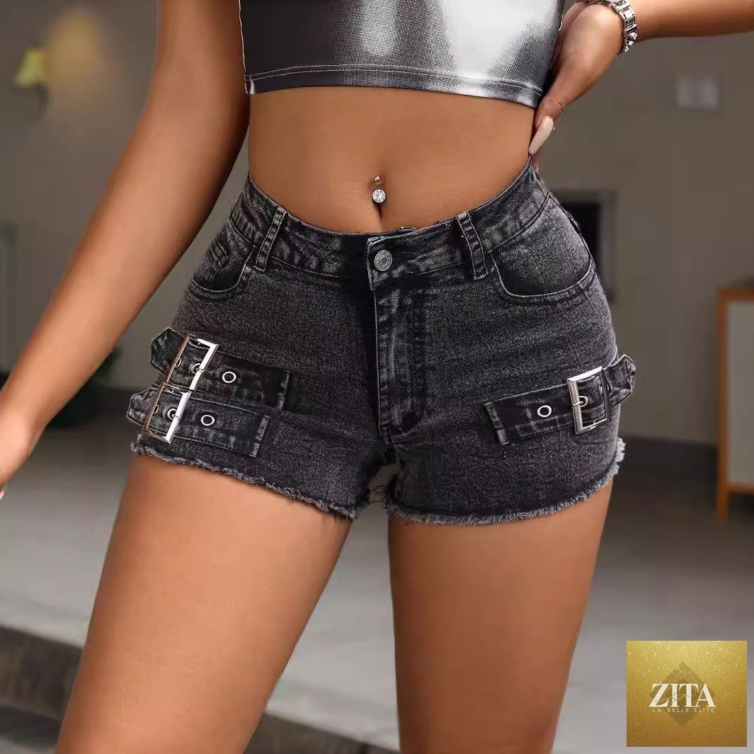 Women’s denim shorts with metal buckle and burr stretch fabric from Wanita Store, featuring a stylish fit and distressed details.