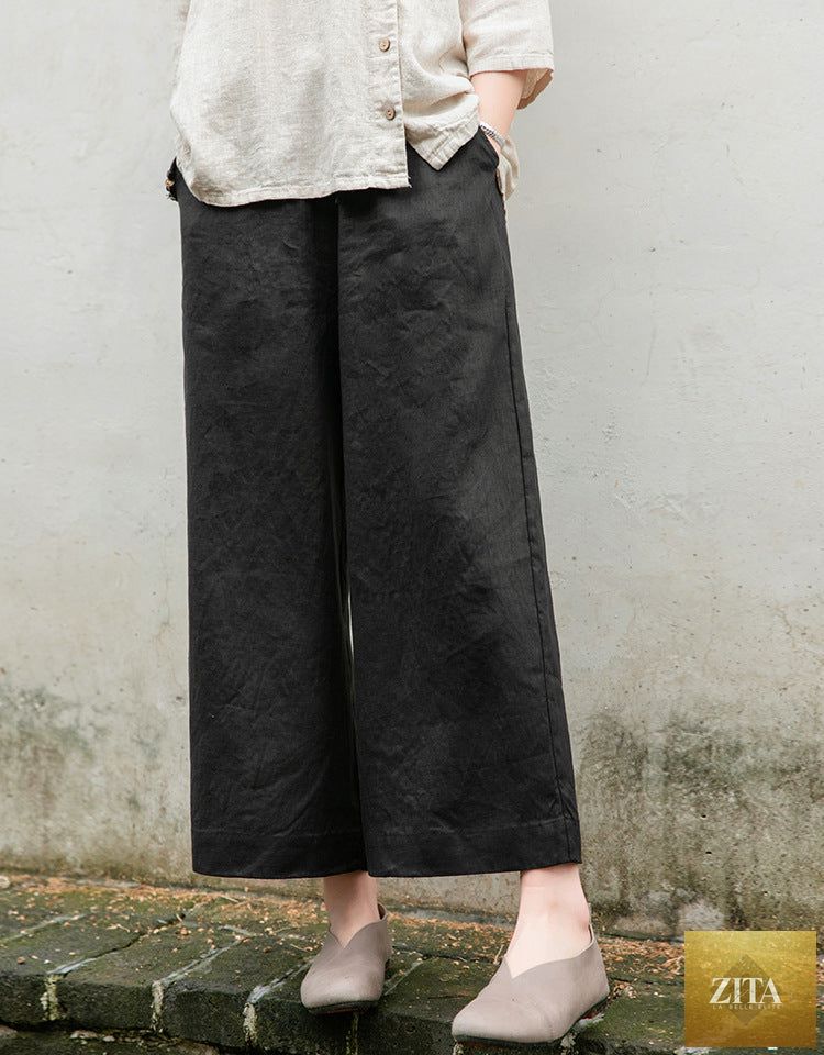 Women’s cotton linen wide-leg cropped pants with washed lace-up detail, perfect for spring and summer casual wear.