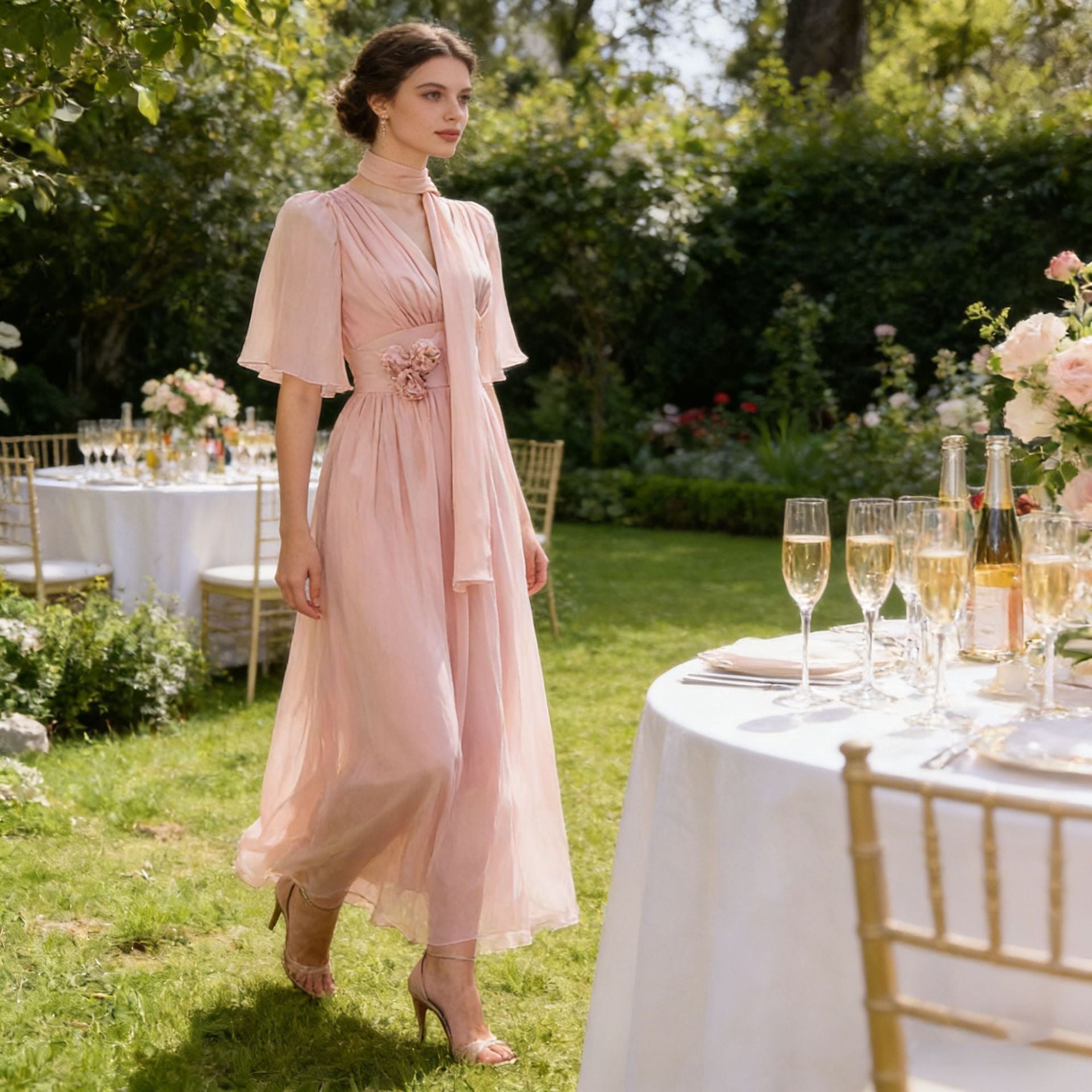 French solid color maxi dress by Ragazza featuring floral design, high waist, and slimming silhouette for women in spring.