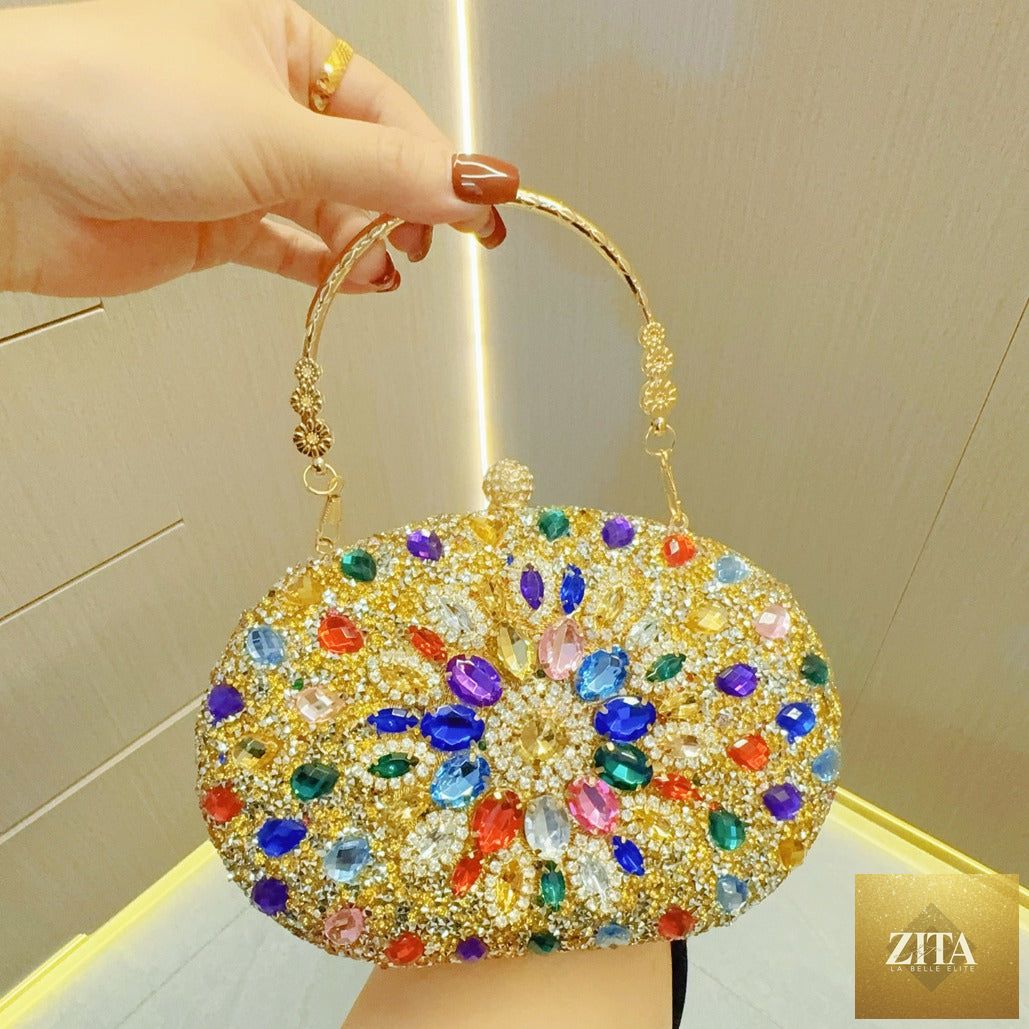 Luxury women evening clutch purse by SHOMICOBOUTIQUE featuring nude color, rhinestones, glitter accents, and multicolor details.
