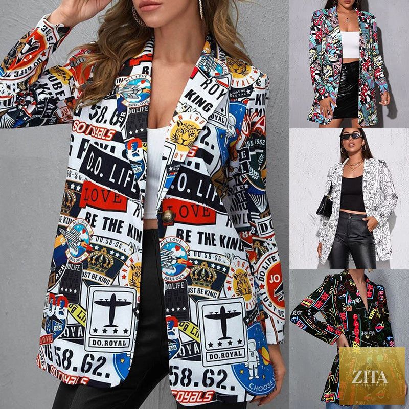 Printed slim fit mid-length jacket by Zita La Belle Elite, shown in black with a bold floral pattern.