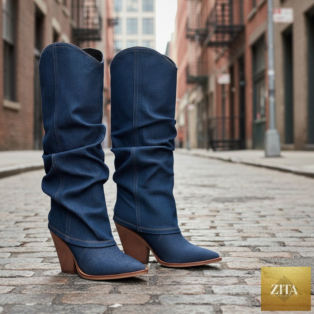 Zita La Belle Elite vintage pointed-toe chunky heel high tube boots with bold statement heels, black leather footwear.