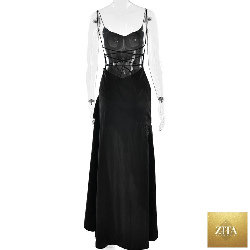 Elegant satin long women’s evening skirt with suspender ruffle and high slit, ideal for club and special occasions.