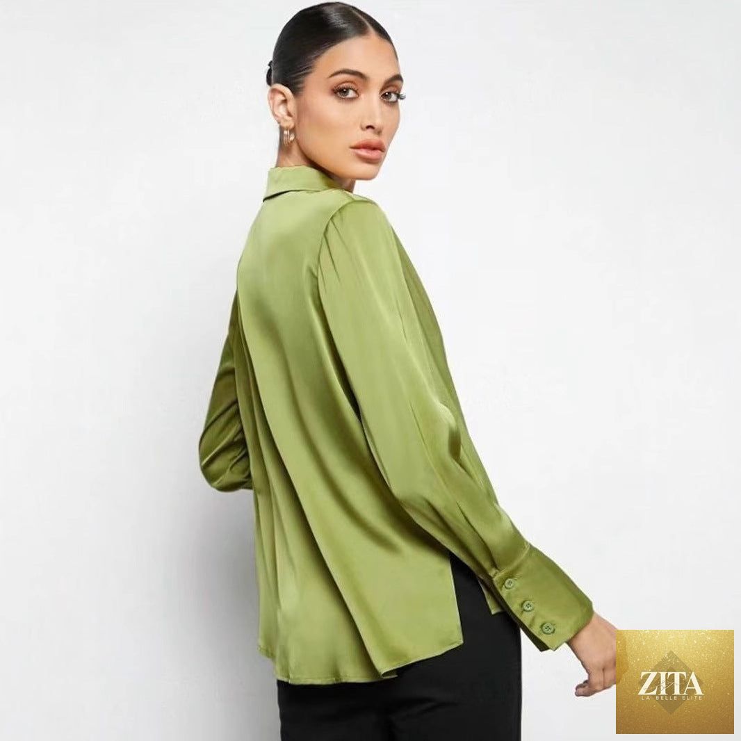 Bella Mia satin faux silk long sleeve shirt for women, minimalist spring-summer shirt top, stylish and comfortable clothing.