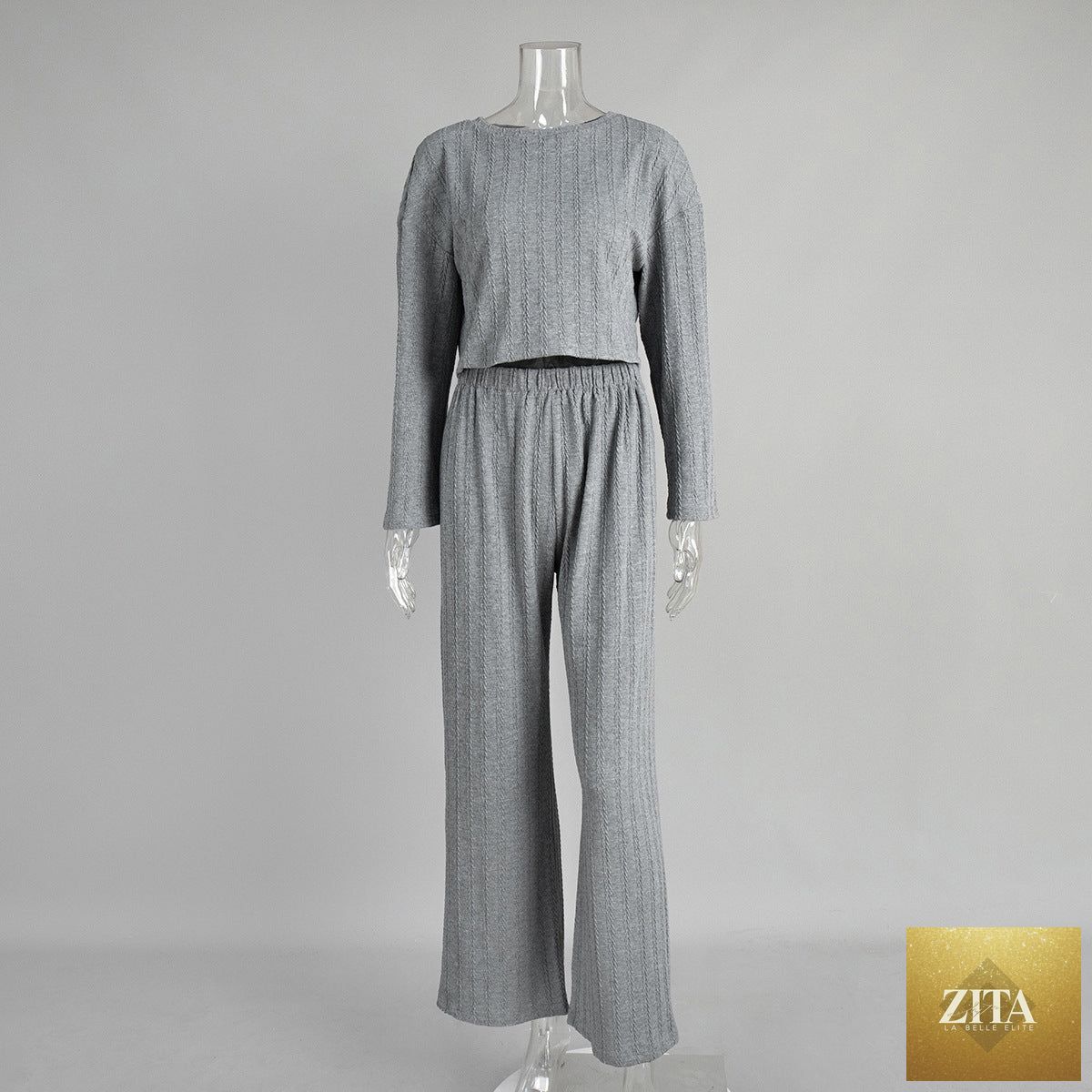 Gray long sleeve trousers pajamas set for women with winter wheat jacquard pattern, comfortable home wear by Bella Mia.