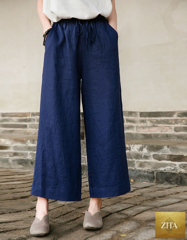 Spring summer cotton linen women’s wide-leg cropped pants with washed lace-up design, casual straight fit, by Wanita Store