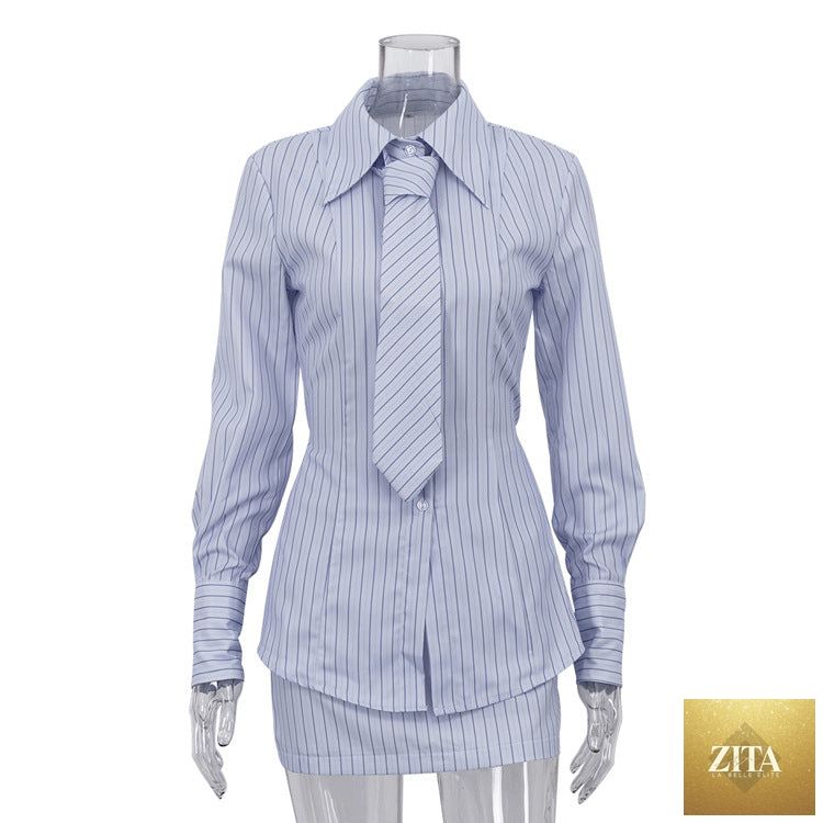 Printed striped tie shirt and skirt set for women, collared long-sleeve blouse with matching skirt, Bella Mia office two-piece outfit