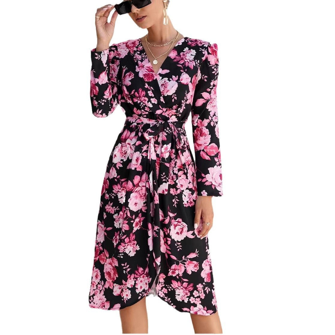 Printed V-neck long sleeve tie-front dress with side slit, wrap-style maxi gown by SHOMICOBOUTIQUE.