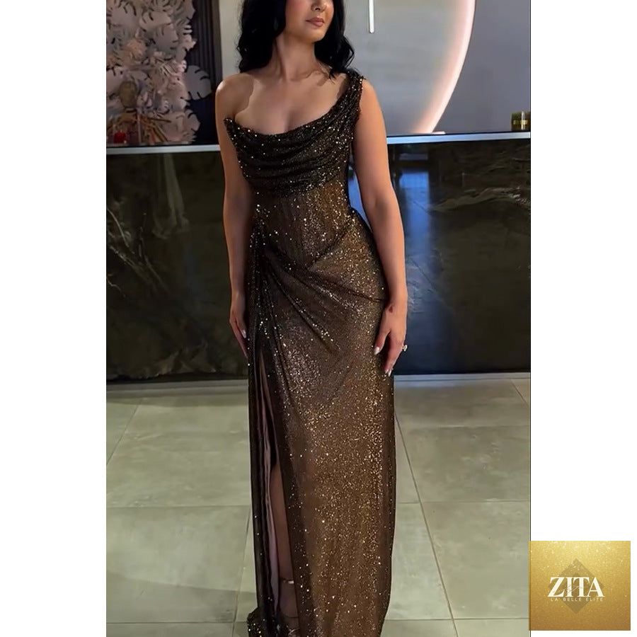 Elegant sleeveless off-the-shoulder satin maxi dress by SHOMICOBOUTIQUE, featuring a form-fitting, solid color chic bodycon silhouette.