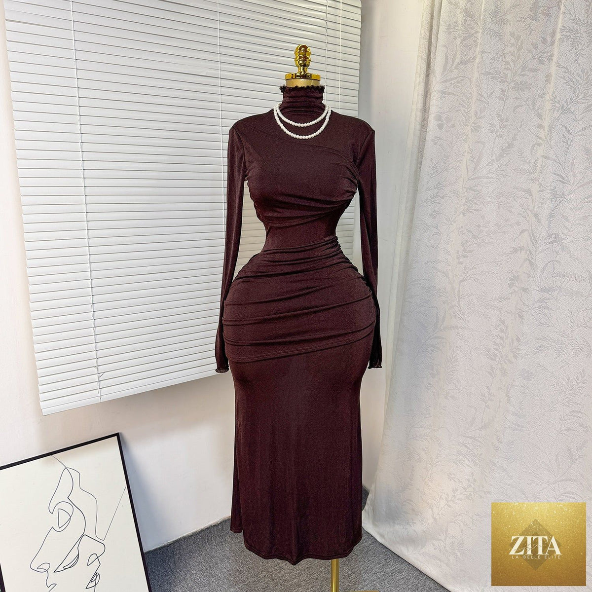 Elegant black high-neck bodycon evening gown with long sleeves, perfect for formal events and cocktail parties by SHOMICOBOUTIQUE.