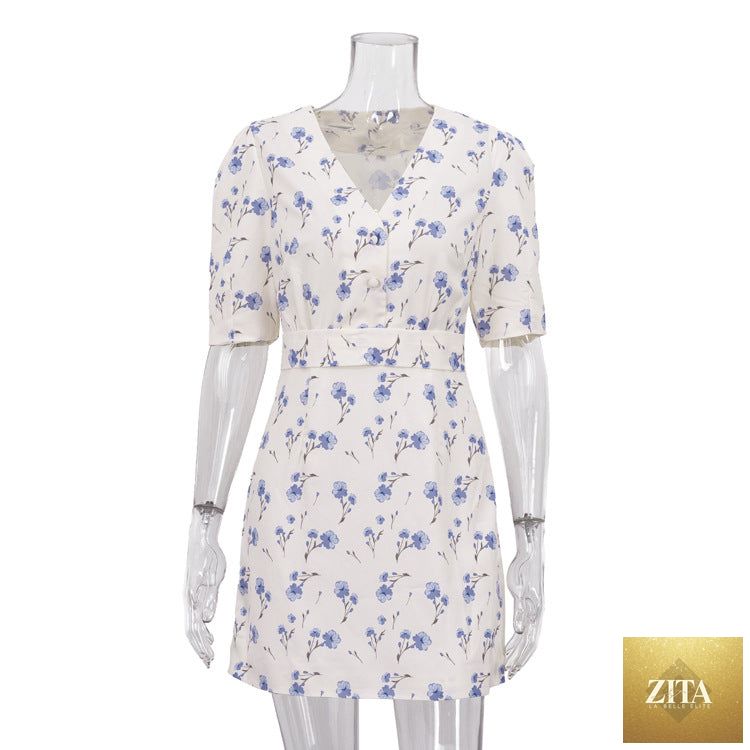 French elegant printed short word dress for women with V-neck, short sleeves, high waist, floral design by Bella Mia