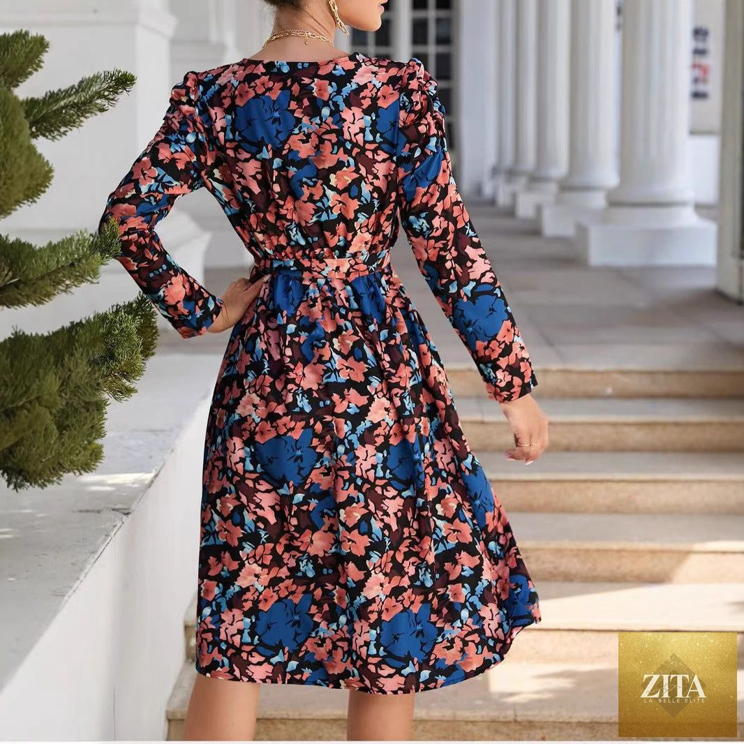 Printed V-neck long sleeve tie-front wrap maxi dress with side slit, stylish and elegant from SHOMICOBOUTIQUE.