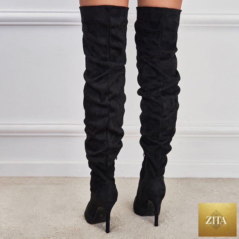 Zita La Belle Elite pointed-toe suede stiletto boots with high zipper, stylish European and American chic footwear.