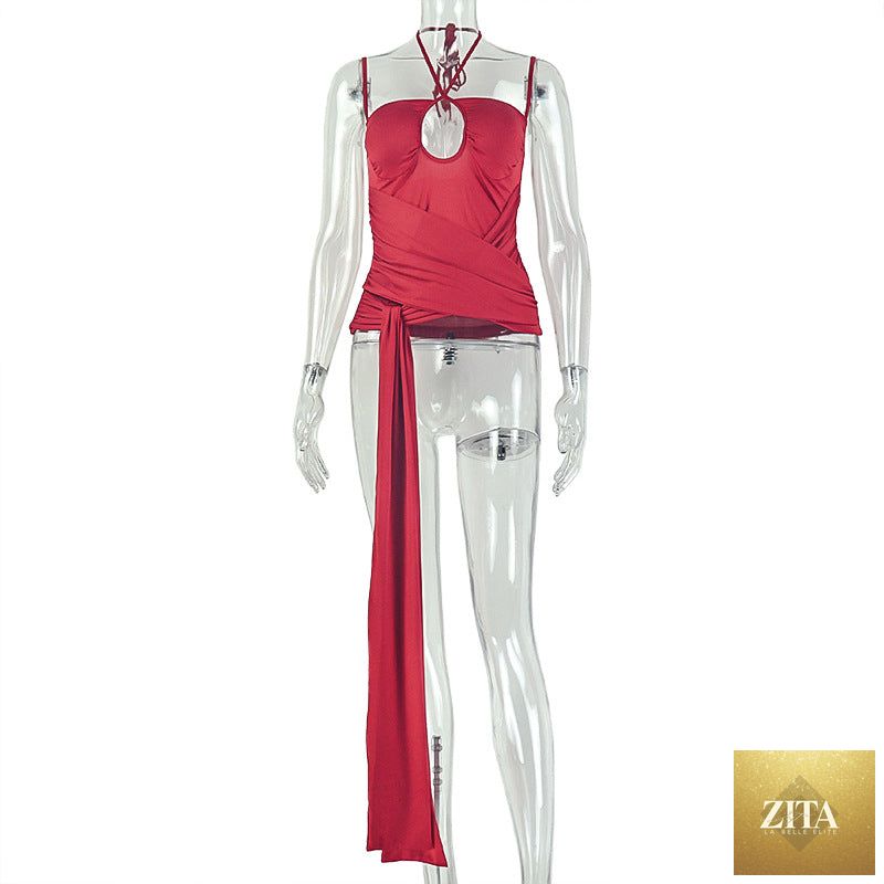 Women’s pleated halterneck sleeveless summer wrap top with thin straps, backless design, in a solid color, by Wanita Store.