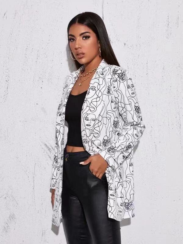Printed slim fit mid-length jacket by nowadaysfashion shown in black with bold geometric print and a tailored silhouette.