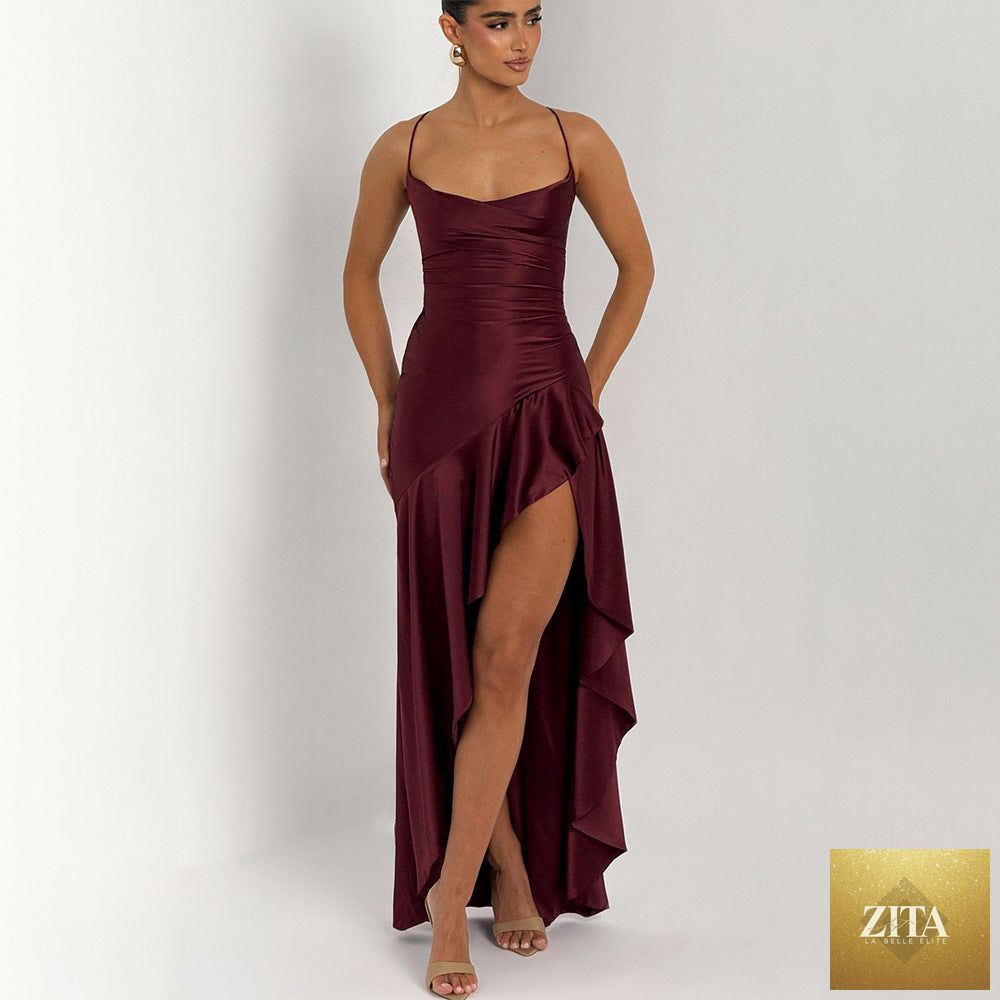 Elegant satin long women’s evening dress with suspenders, ruffles, and a high slit, perfect for club wear and special occasions.