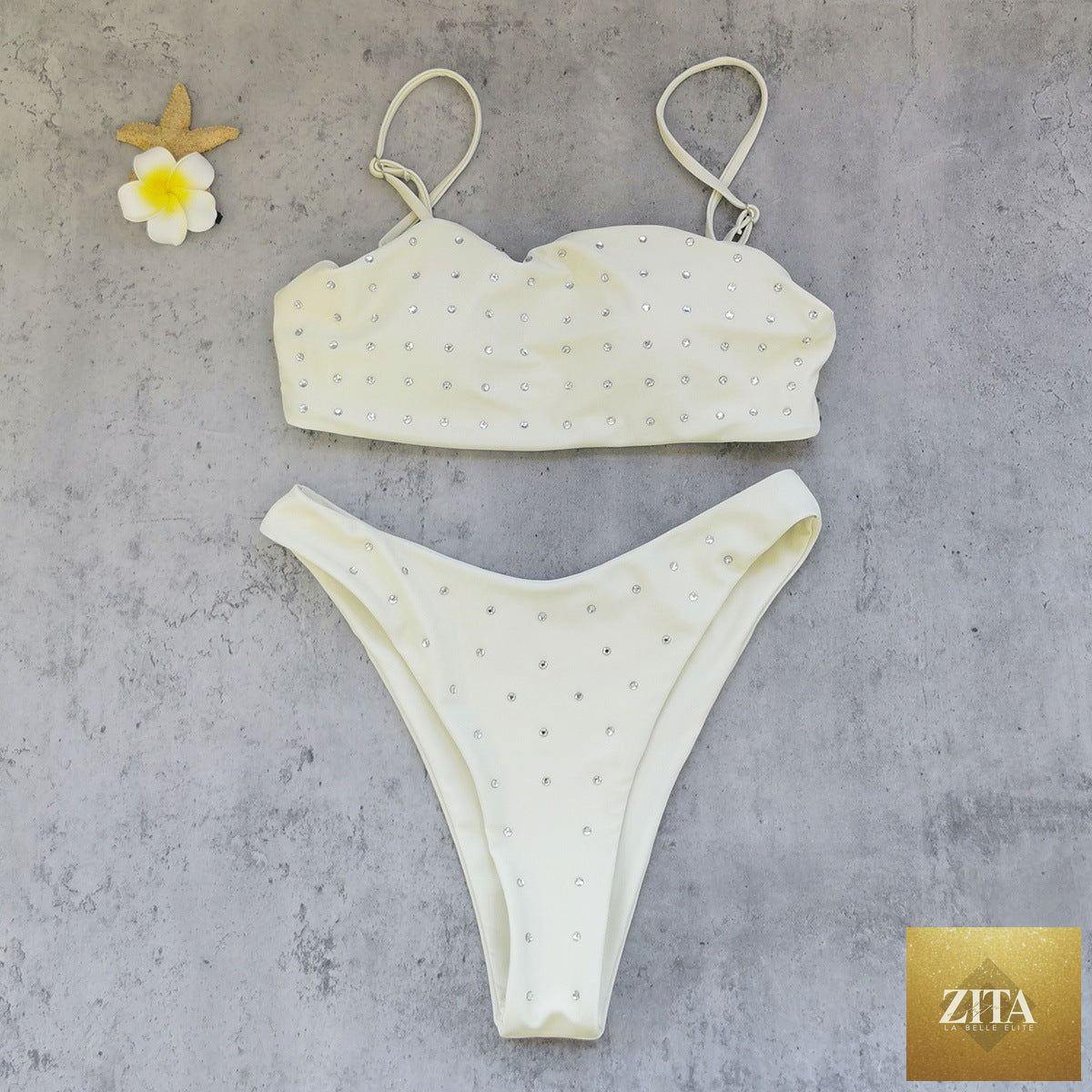Bella Mia tube top bikini with diamond solid color, low waist style, sexy split design, perfect for beach or poolside wear.