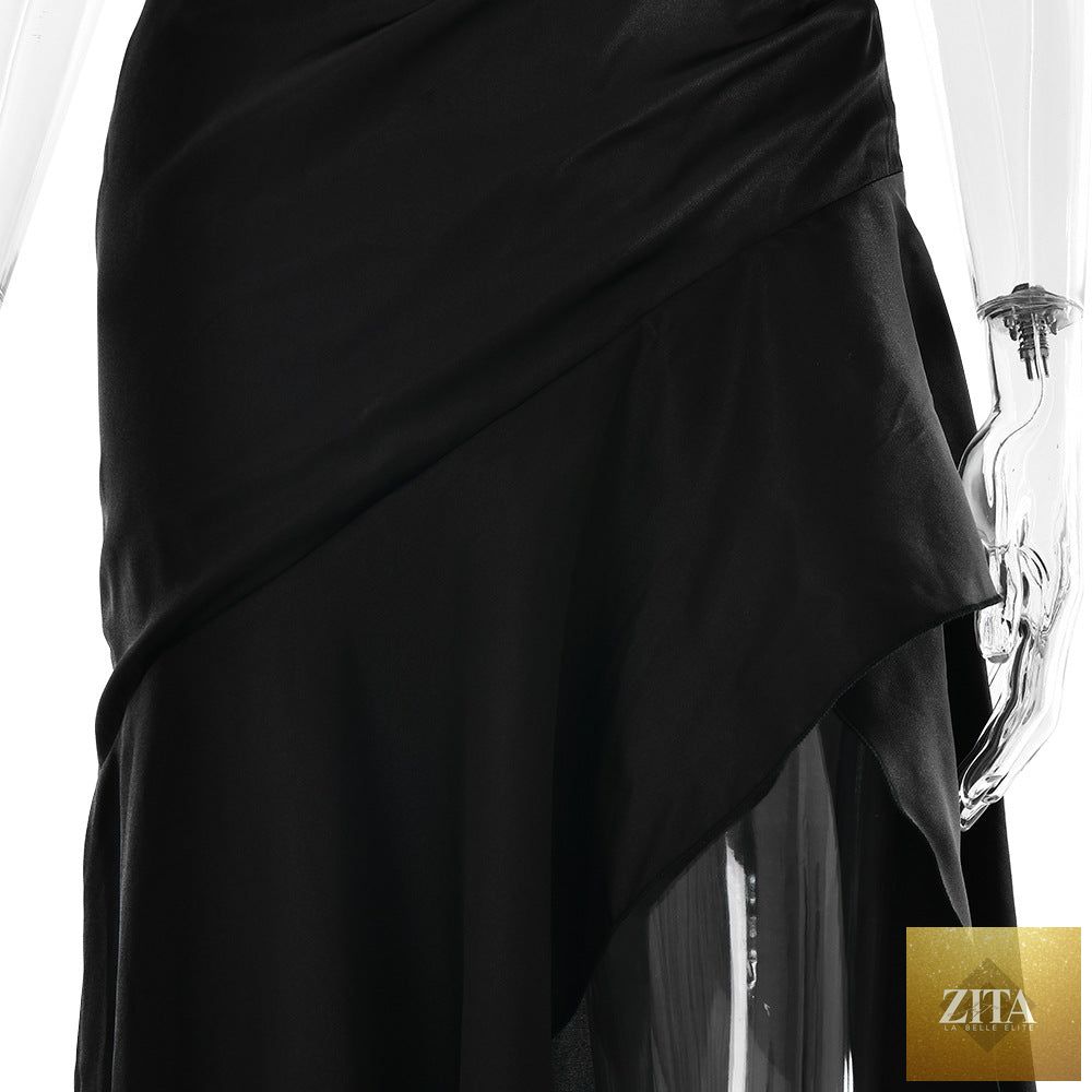 Elegant satin long women’s evening dress with suspenders, ruffle details, high slit, perfect for club occasions.