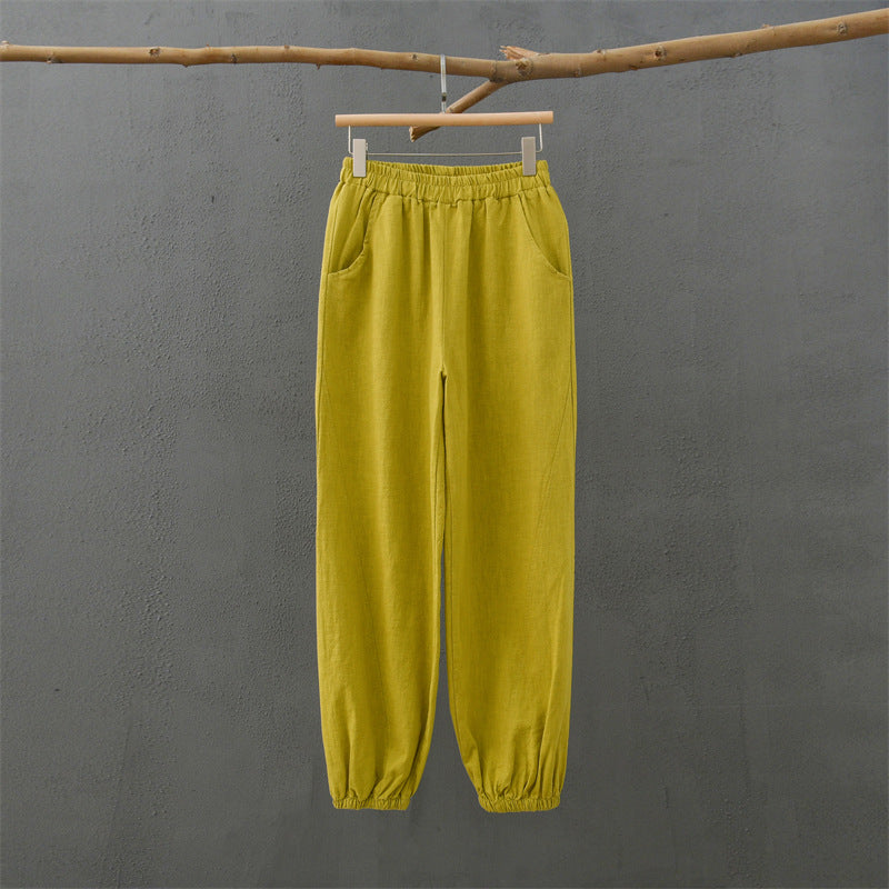 Casual spring and summer cotton linen women’s trousers with retro stone-washed ramie and bamboo fabric, yoga and knickerbocker style.