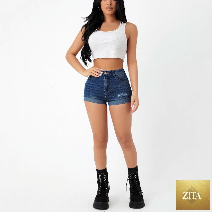 High waist elastic slim fit ripped jeans shorts for women, showcasing distressed denim and trendy design by Wanita Store