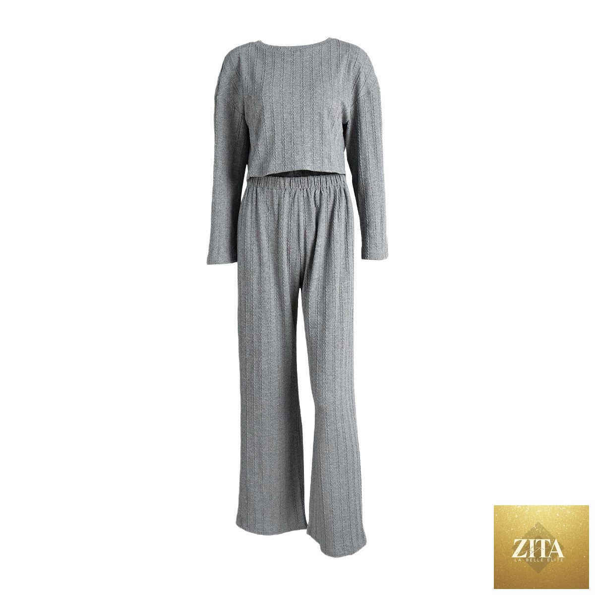 Gray long sleeve trousers pajamas set with wheat jacquard pattern for women, cozy winter home wear by Bella Mia.