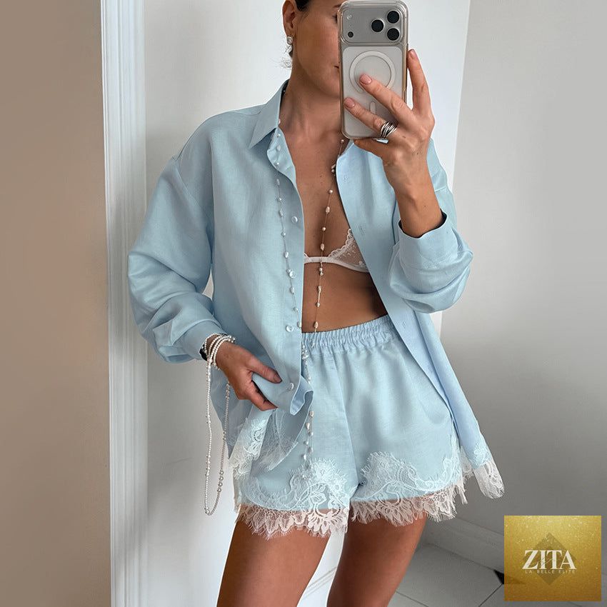 Retro design women’s long sleeve collared lace stitching shirt and shorts two-piece set by Bella Mia, casual and stylish.