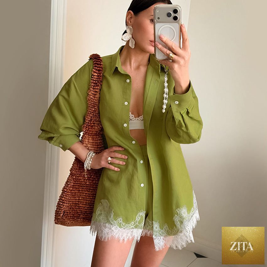 Retro design women's long sleeve collared lace stitching shirt and shorts two-piece set by Bella Mia, casual and stylish.