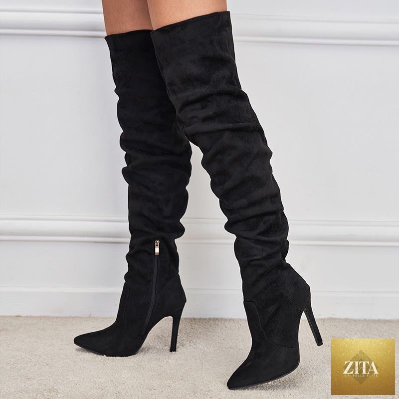 Pointed-toe suede stiletto boots with high zipper from Zita La Belle Elite, showcasing elegant European and American chic footwear style.