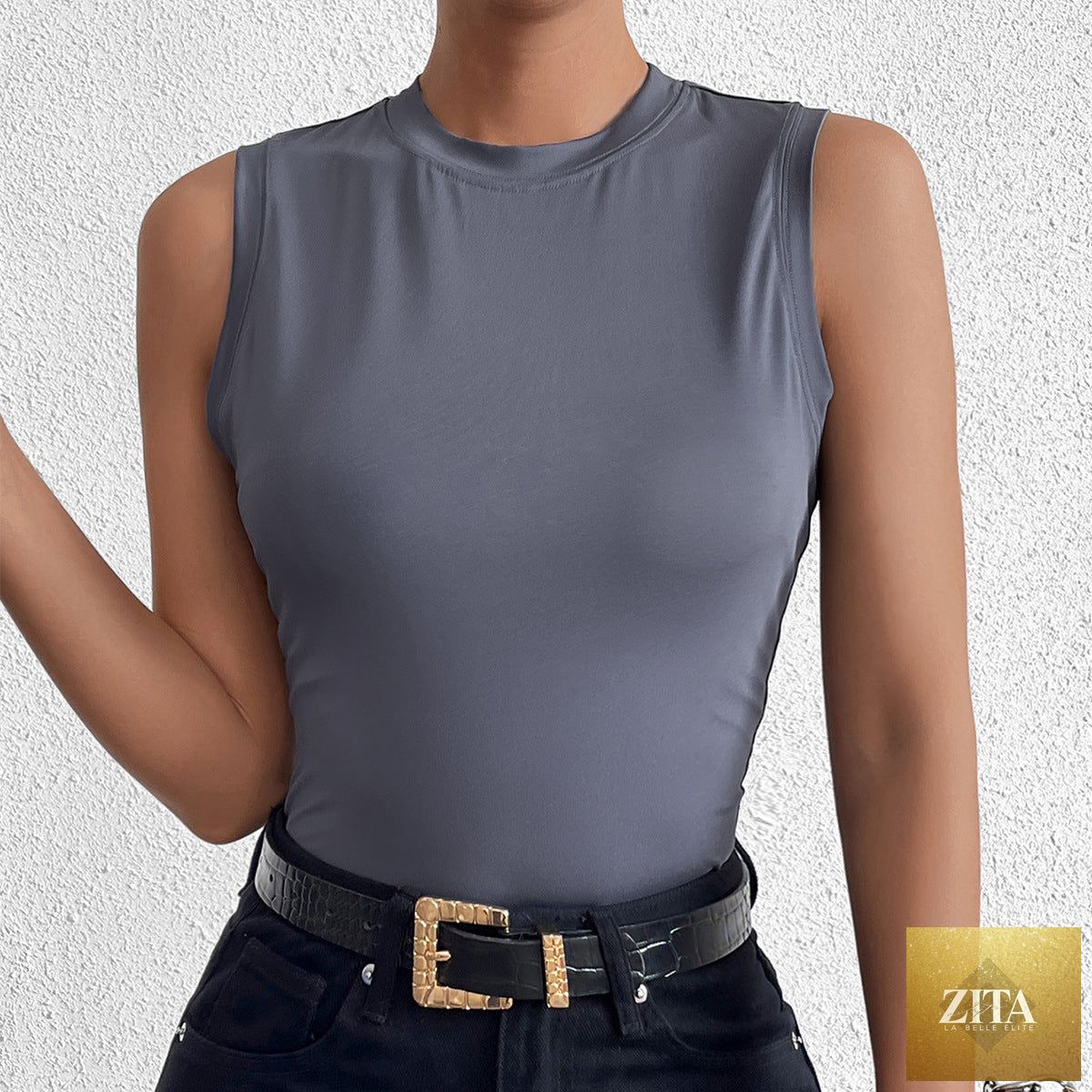 Wanita Store summer sleeveless milk silk vest with round neck, slim fit, and refined design, shown as a close-up of the top.