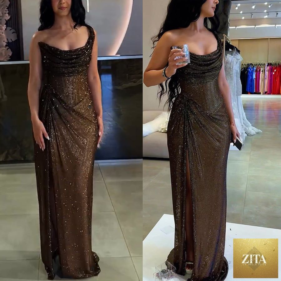 Elegant sleeveless off-the-shoulder satin maxi dress by SHOMICOBOUTIQUE, featuring a fitted bodycon silhouette in a solid color.