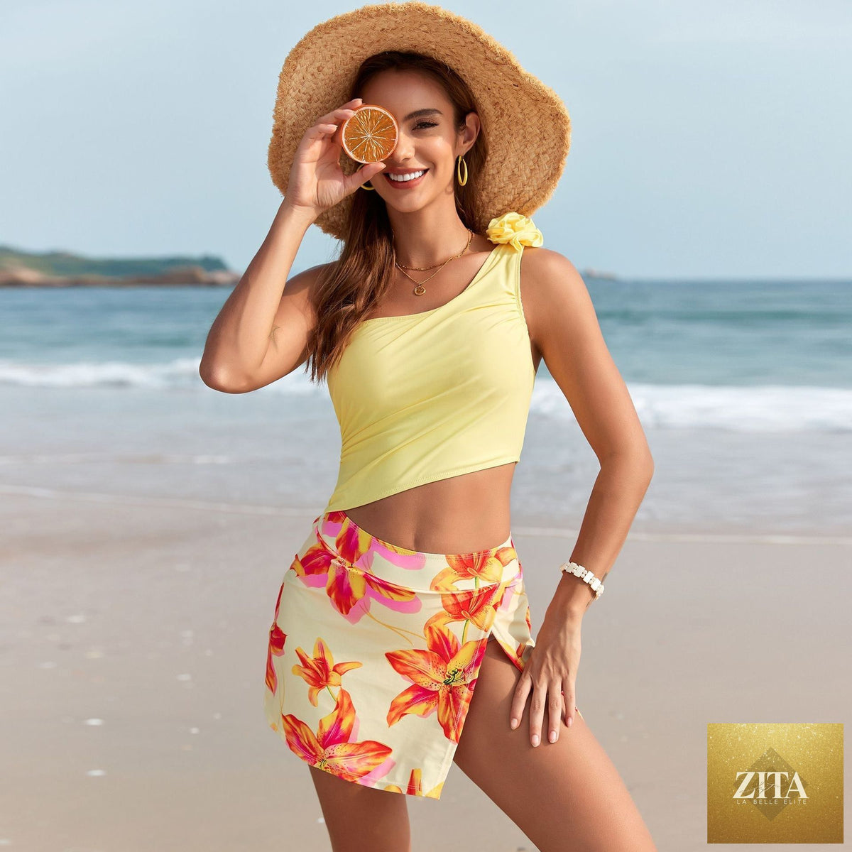 Women’s printed one-piece swimsuit by Wanita Store featuring vibrant summer vacation floral design.