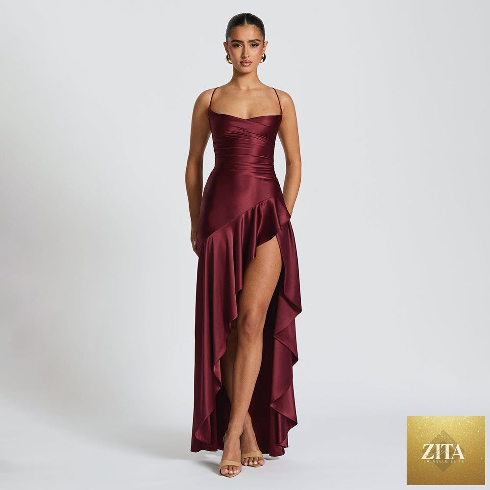 Elegant satin long women’s evening skirt with suspenders, ruffle details, high slit, perfect for club and formal occasions.