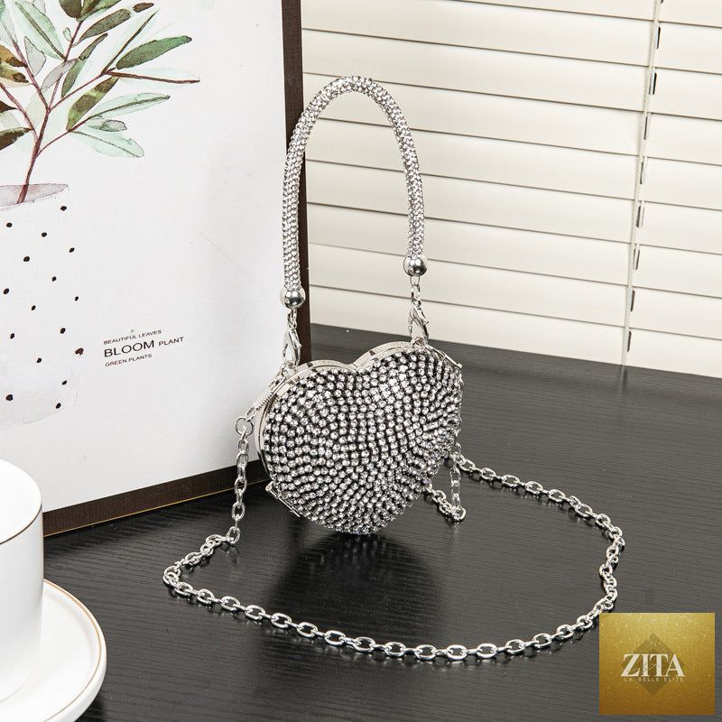 Shomicoboutique rhinestone dinner bag, mini heart-shaped clutch with shiny embellishments, perfect for prom, wedding, or party events.