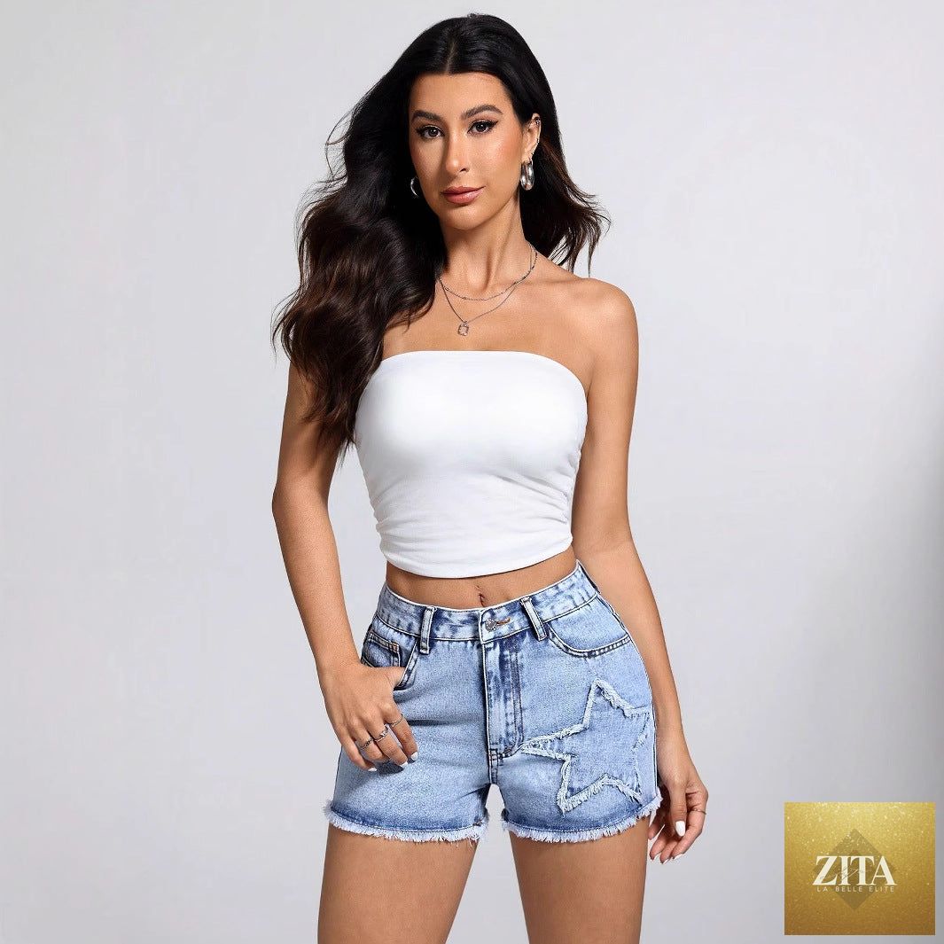 Women’s casual frayed hem denim shorts by Wanita Store, stylish and comfortable denim short with distressed detailing.