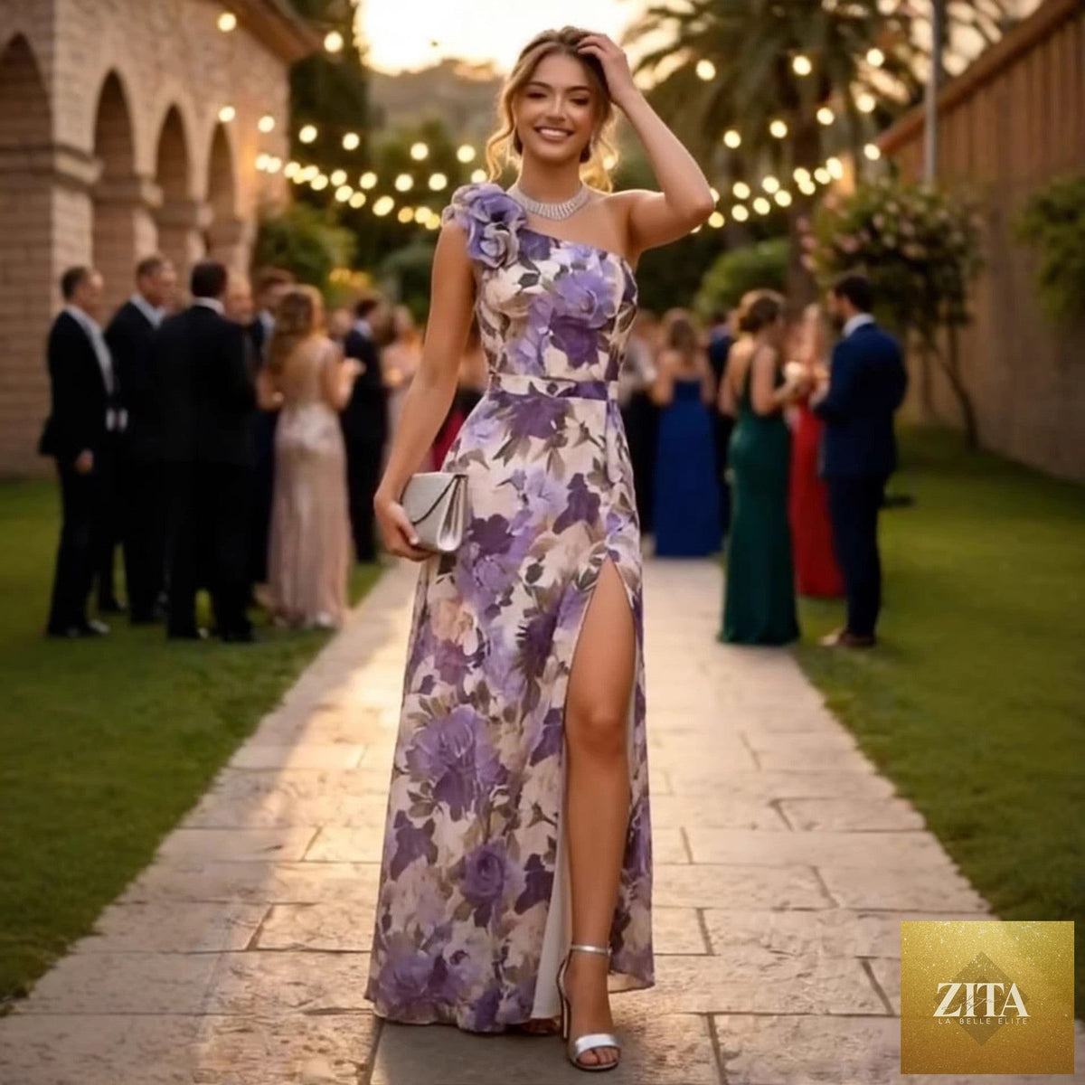 Bella Mia summer slim fit maxi dress with floral print, slant shoulder design, slit detail, and slimming waist for a stylish look.