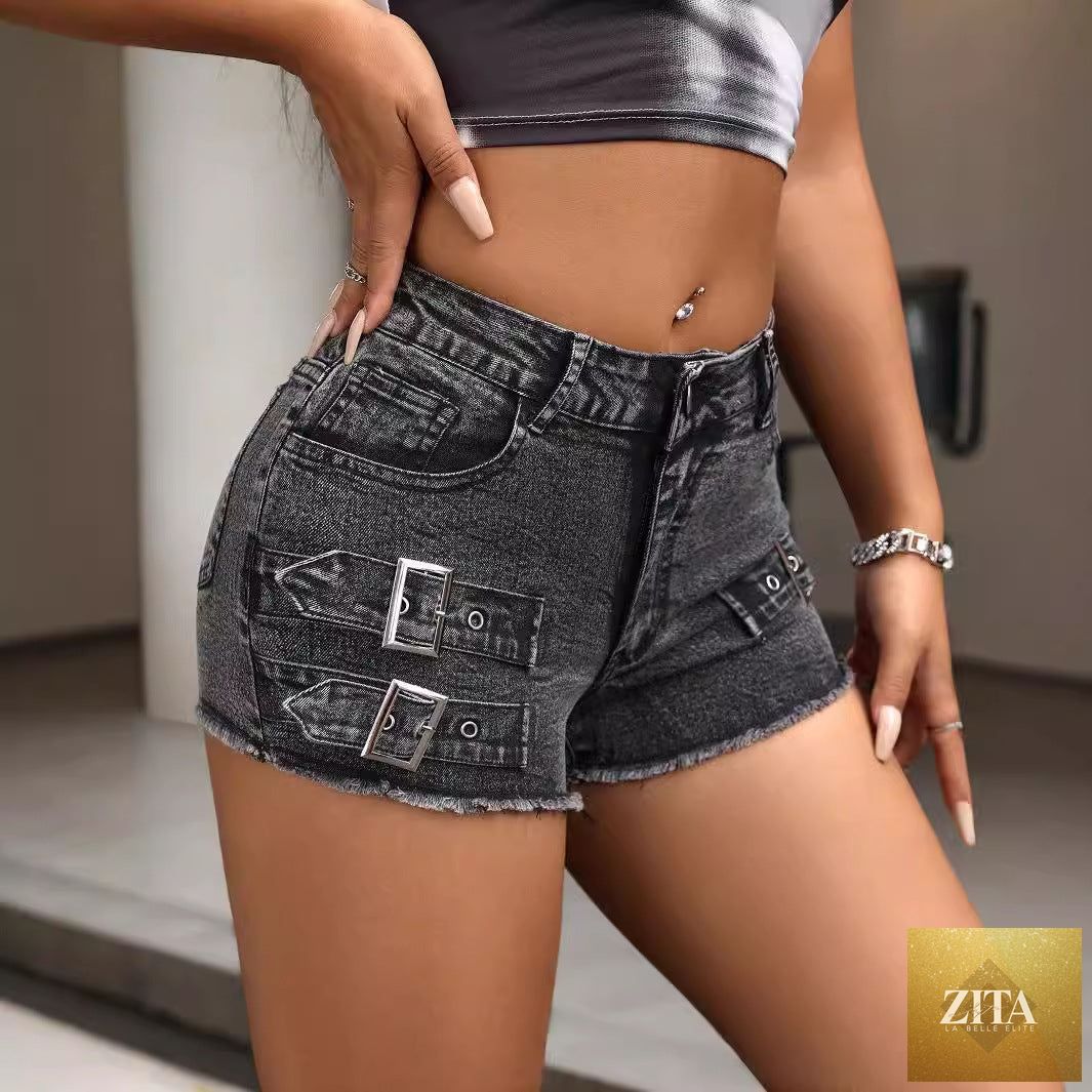 Women’s denim shorts with metal buckle and burr stretch fabric from Wanita Store, showcasing stylish and comfortable design.