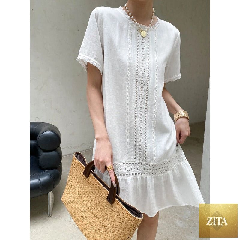 Bella Mia Sinan First Love Atmosphere French dress with lace embroidery, Tencel Lyocell hollow-out cutout design, small size.