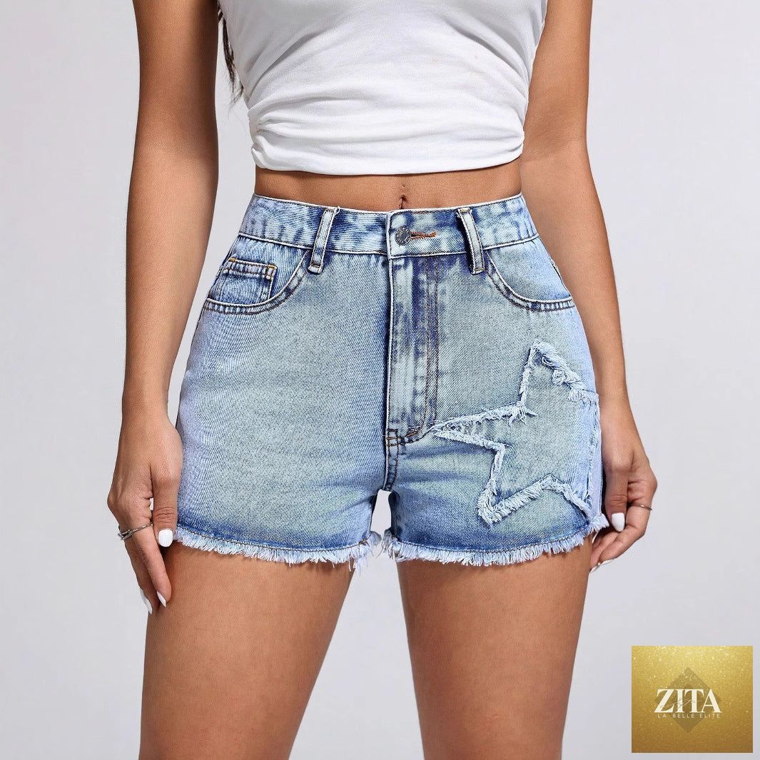 Women’s casual fashionable frayed hem denim short from Wanita Store, showing the stylish distressed detail and relaxed fit.