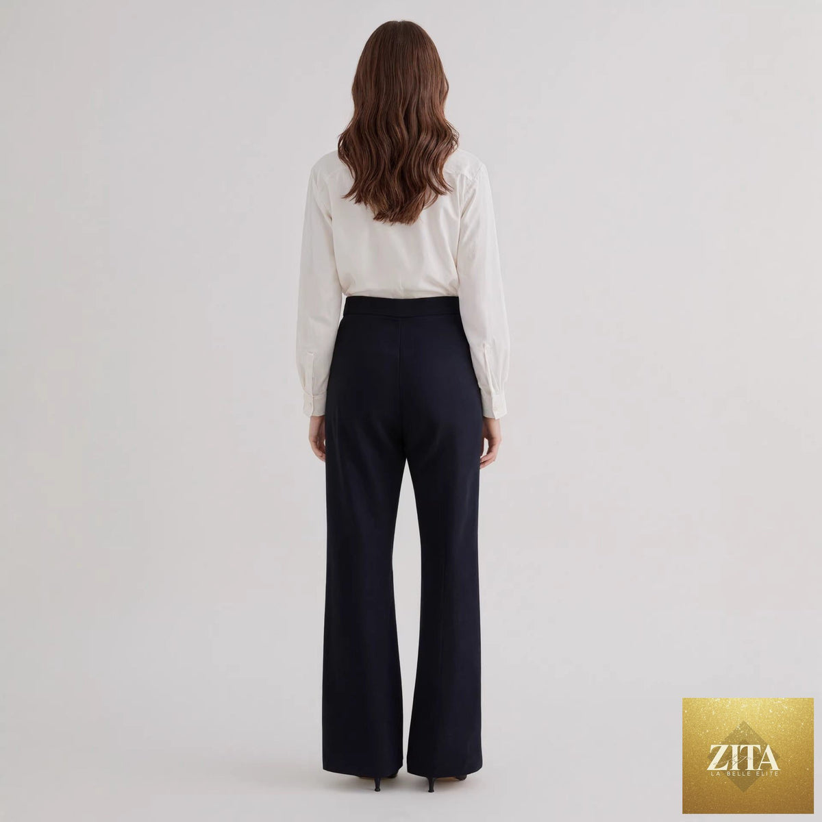 Elegant Bella Mia women's office trousers with irregular waistline, micro elastic stretch, straight fit, suitable for professional workwear.