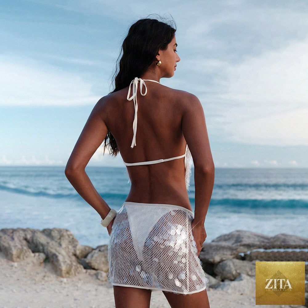 Elegant Bella Mia women's beach cover-up dress with sequins, cutouts, and hollow-out design for stylish swimwear looks.