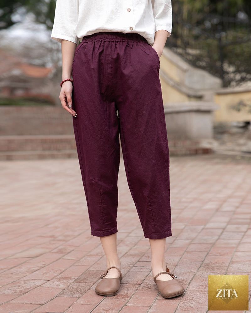 Light beige cotton linen women's casual cropped pants with a relaxed fit, perfect for spring and summer, featuring a stylish baggy design.